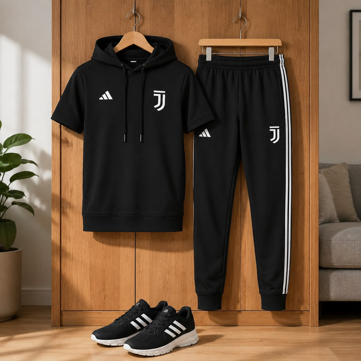 پکیج ست تیشرت کلاهدار و شلوار مردانه مدل Juventus کفش ورزشی مردانه مدل Alshen