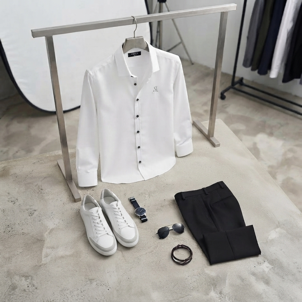 پکیج پیراهن مردانه سفید مدل VQ  شلوار مردانه مشکی مدل MOBIN